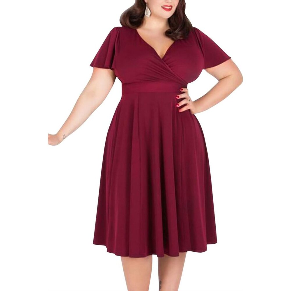 Dark Red Soft Knit Midi Dress w/Tie Size 26‎ 4X New Plus Size Flutter Sleeves